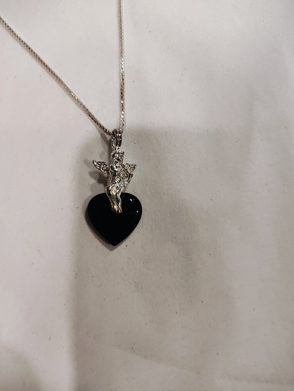 Sterling Angel & Black Heart Pendant Necklace